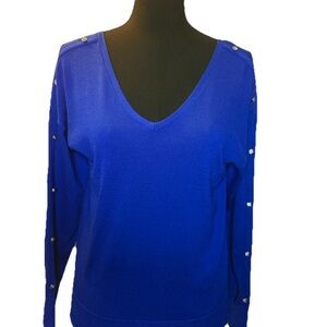INC Women's Long Sleeve Blue V-Neck Top, Silver Button Accents, Small, NWT